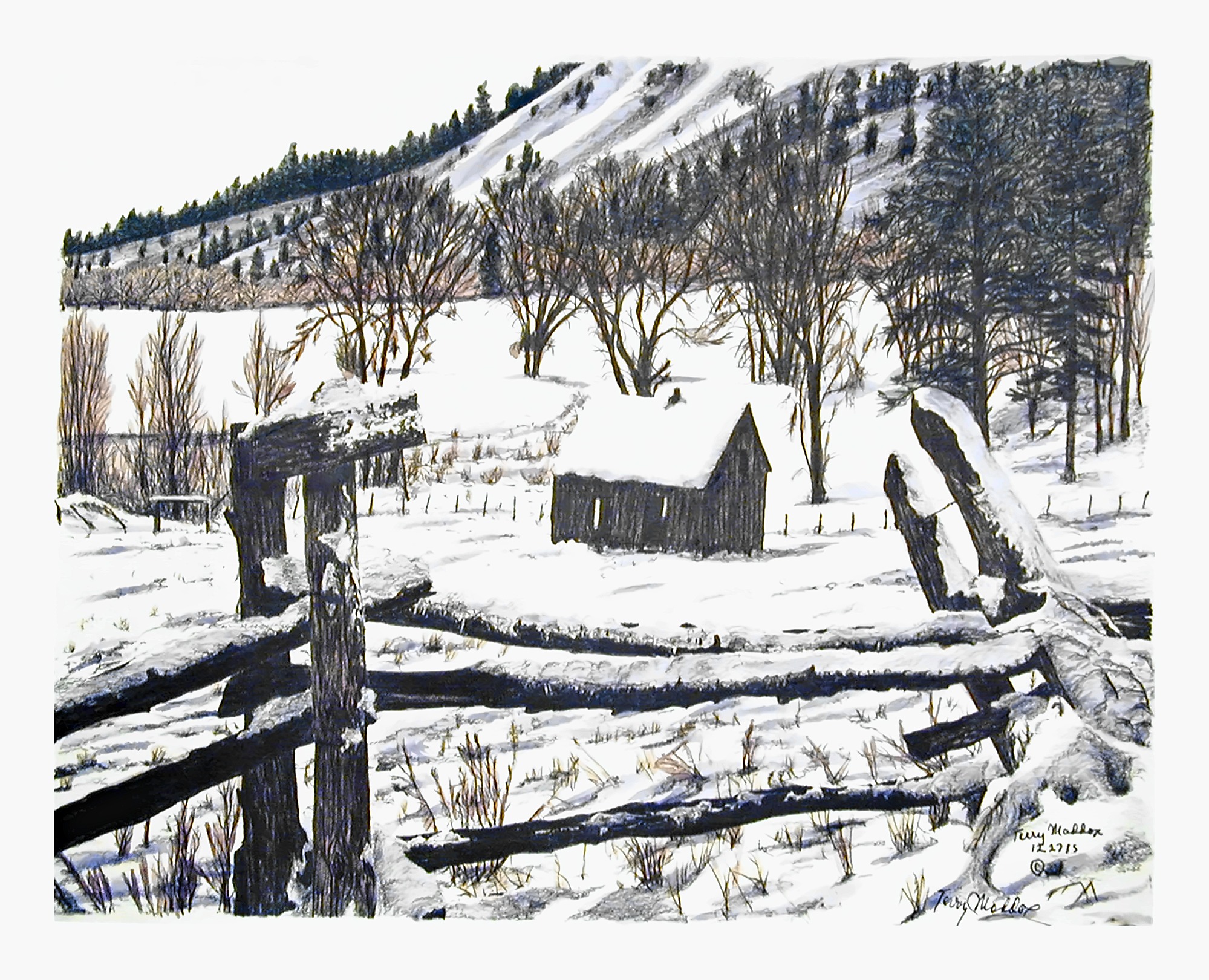 Pencil drawing of Winter Cabin by Terry Maddox
