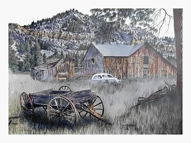 Pencil drawing of Old Homestead and Wagon by Terry Maddox