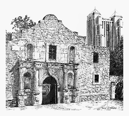Pencil drawing of Old and New, The Alamo by Terry Maddox