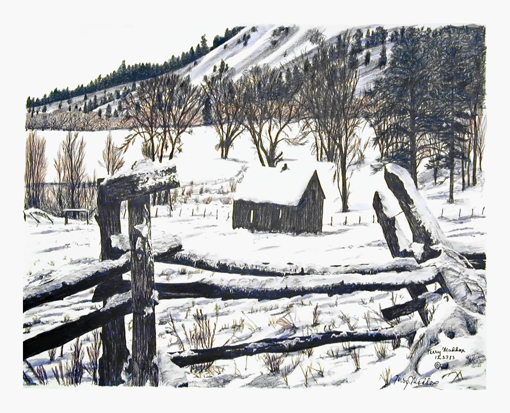 Pencil drawing of Winter Cabin by Terry Maddox