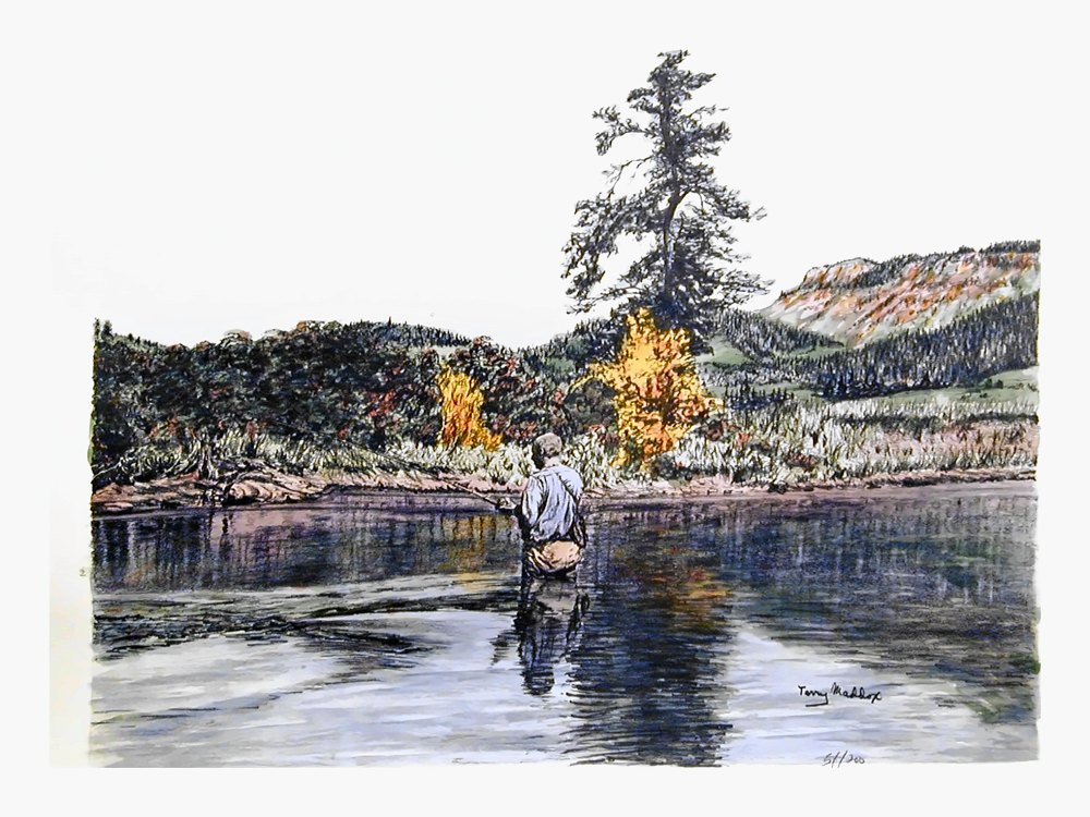 Pencil drawing of North Umpqua Fly Fishing by Terry Maddox
