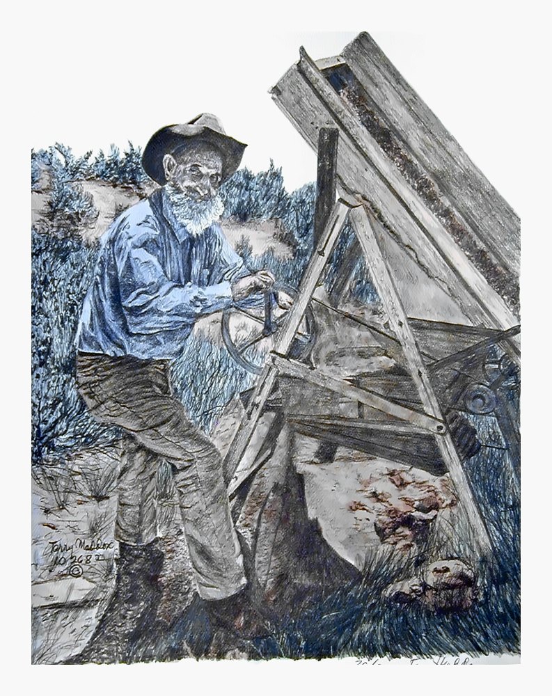 Pencil drawing of Dry Rocker, Gold Miner by Terry Maddox
