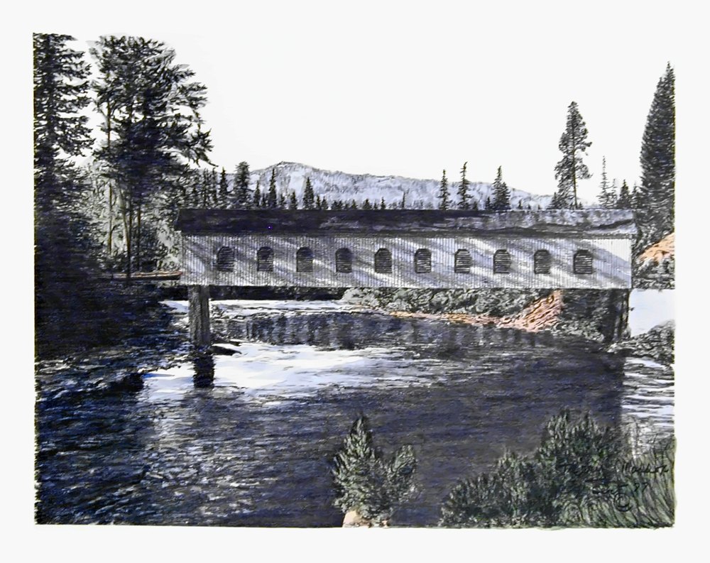 Pencil drawing of Goodpasture Bridge, McKenzie River by Terry Maddox