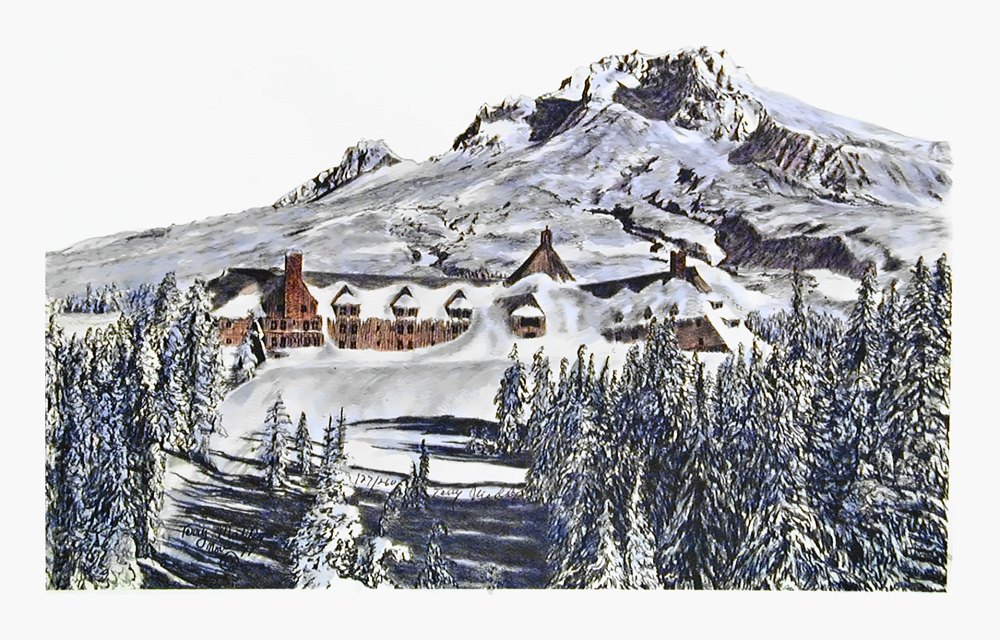 Pencil drawing of Timberline Lodge, Mt. Hood by Terry Maddox