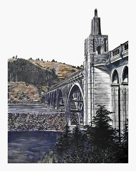 Pencil drawing of Gold Beach Bridge, Rogue River by Terry Maddox