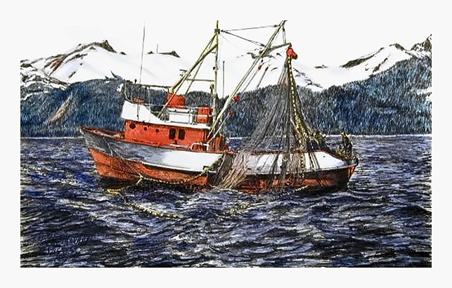 Pencil drawing of Alaskan Purse Seiner by Terry Maddox
