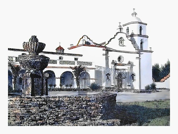 Pencil drawing of San Luis Rey Mission by Terry Maddox