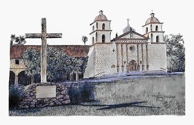 Pencil drawing of Santa Barbara Mission by Terry Maddox