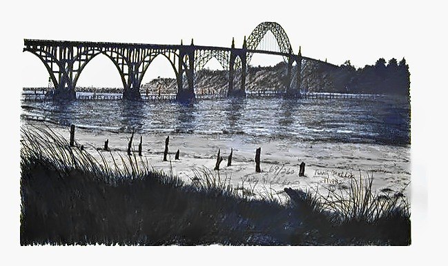 Pencil drawing of Yaquina Bay Br. Newport by Terry Maddox
