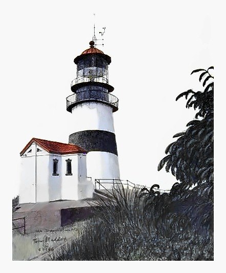 Pencil drawing of Cape Disappointment, Columbia River by Terry Maddox