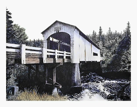 Pencil drawing of Wildcat Bridge, Siuslaw River by Terry Maddox
