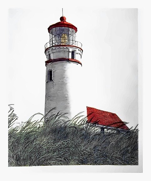 Pencil drawing of Umpqua Lighthouse by Terry Maddox
