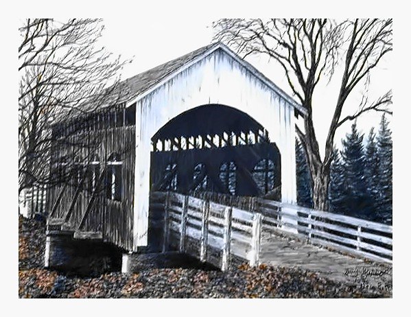 Pencil drawing of Little Butte Creek C. Bridge by Terry Maddox