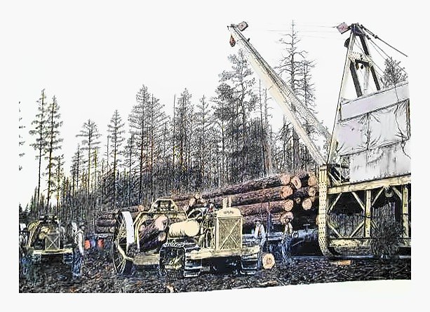 Pencil drawing of Railroad Log Loader by Terry Maddox