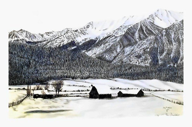 Pencil drawing of Ranch in Winter by Terry Maddox