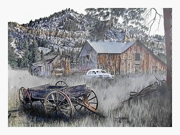 Pencil drawing of Old Homestead and Wagon by Terry Maddox