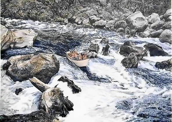 Pencil drawing of Blossom Bar, Rogue River by Terry Maddox