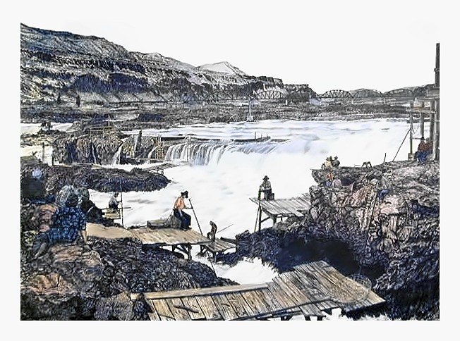 Pencil drawing of Celilo Falls, Columbia River by Terry Maddox
