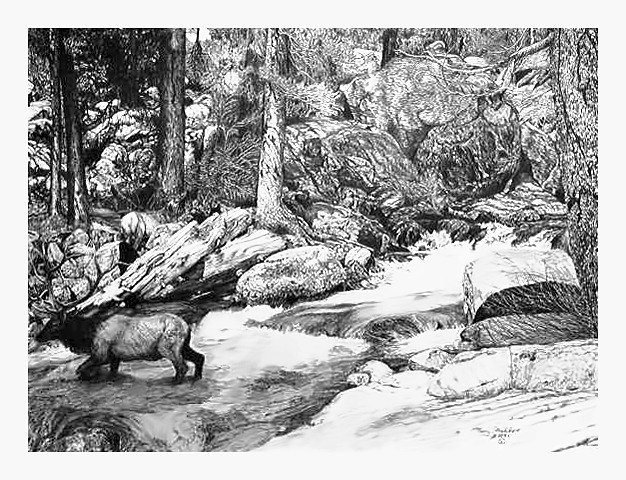 Pencil drawing of River Crossing by Terry Maddox